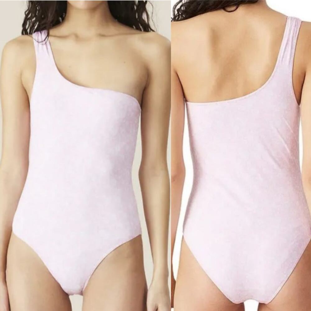 Ganni One-Shoulder Cherry Blossom One Piece Swimsuit Pink Womens XS